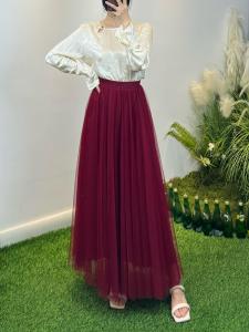 Fall A-Line Midi Skirt 360-Degree Flared Silhouette High Waist Slimming Multi-Color Mesh Skirts Wine Red Long Skirts