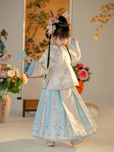 Cute JinDai Childrens Hanfu Set Short Two-Piece Suit Ming Dynasty Style Spring Autumn Horse Tail Skirt for Girls