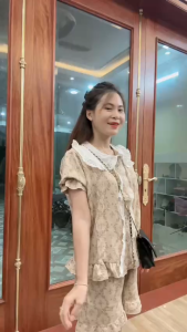 Sét bộ pyjama nữ cộc tay bèo ren hình tiểu thư chất đũi mền mát size 40-60 kg
