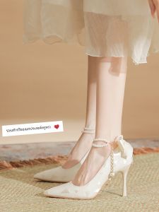 Wide Width High Heels Pearl Detail Butterfly Knot Silk Ribbon Pointed Toe Thin Heel Elegantly Designed Fashionable Wedding Shoes