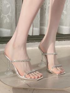 Giày Cao Gót Đính Đá Mũi Vuông Mẫu Mới Xăng Đan Gót Nhỏ Quai Ngang Trong Suốt Phong Cách Tiên Nữ Dép Lê Gót Ly Rượu Đi Bên Ngoài Cho Nữ