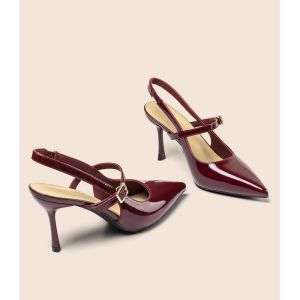 รองเท้าแตะส้นสูงสีแดงเซ็กซี่สไตล์ฝรั่งเศสสำหรับผู้หญิง รองเท้าแตะส้นเดี่ยวแบบหัวแหลม รองเท้าแตะส้นเดี่ยว ทรงหัวแหลม สไตล์ผู้หญิง