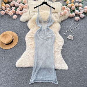 ชุดเดรสเกาะอกสายเดี่ยวเซ็กซี่ ทรงเข้ารูป ชุดคาราโอเกะ ชุดเดรสยาวปานกลาง แขนกุด ผ้าตาข่ายโปร่ง สำหรับผู้หญิง