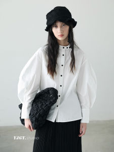 White Loose Long Sleeve Stand Collar Womens Shirt Autumn New Style F997 French Style Bubble Sleeve Cotton100% Casual Top