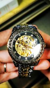 T-WINNER | WINNER Royal Gold Skeleton Watch for Men Rotating Bezel Engraved Design Stainless Steel Band Luxury Automatic Mechanical Watches