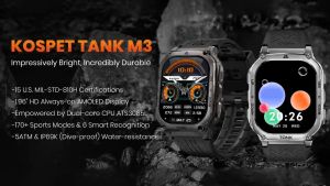 Kospet Tank M3 Đồng hồ thông minh Gồ Ghề Cho Nam Giới 100M Không Thấm Nước 60 Ngày Extra-Pin dài 1.96 "Amoled Luôn Always-On Hiển Thị cuộc gọi Bluetooth 100 + Chế độ thể thao Ngủ/Máu giám sát áp suất