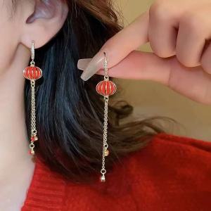 Long Tassel Red Lantern New Year Celebration Earrings Elegant Simple Fashion Jewelry Gift for Women Alloy/Dip Silver/Dip Gold