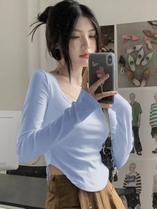 Womens Thickened Long Sleeve U-Neck T-Shirt Pure Color Cotton Polyester Blend Winter Base Shirt Sweet And Spicy Style