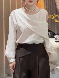 QINGNAER | Minimalist Irregular Asymmetric Shoulder Elegant Long Sleeve Blouse