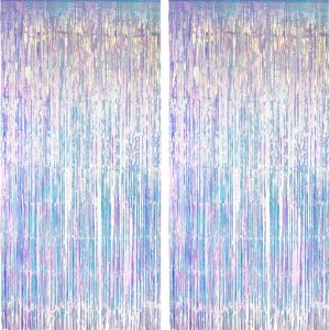 Rainbow Party Streamers Backdrop Neon Clear Tinsel Foil Tassel Curtain Mermaid/Frozen/Ocean/ERAS Party Theme Decoration 2pcs