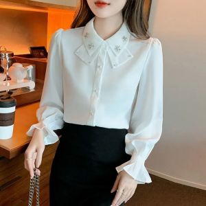 Carine sơ mi nữ áo phong cách Hàn Quốc cổ áo búp bê Áo thun tay dài phong cách thanh lịch màu Trơn Áo Blouse thời trang đầu