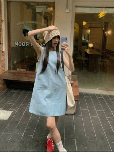 Summer New Korean Style Sweet Youth Reduction Denim Sleeveless Vest Dress Women Mid-length A-line Skirt Cotton Soft High-waist