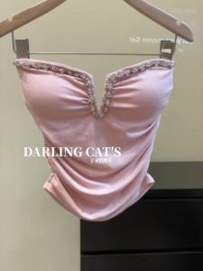 Korean Style Heavy Embellished Diamond Bustier Vest Women Early Autumn Pure Desire Slim Fit Inner Wear Top Pleated Design