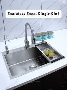 304 Stainless Steel Silver Kitchen Sink Large Single Bowl Built-in Sink with Drain Downpipe and Drain Basin Accessories