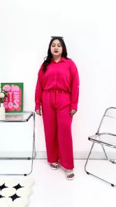 MELARGE Stelan Wanita Barbie Crinkle Polos Pink Fuschia Ukuran Jumbo Atasan Oversize Ukuran 3xl 4xl 5xl 6xl LD 120 130 140 150