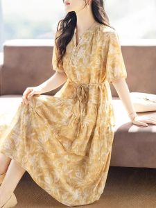 DAIXIANGFEIZI | Floral Chiffon V-Neck Short Sleeve Summer Popular Dress