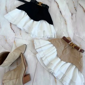 Chic Ruffles Womens Midi Skirt High Waisted Pleated Splice A Line Skirts 2025 Fashion Spring Summer New In Clothing Lady Street