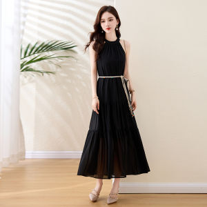 Elegant Silk Summer Dress Womens Sleeveless High Waist A-Line Gown Hangzhou Brand Luxury Fashion Commute Style Zipper Closure