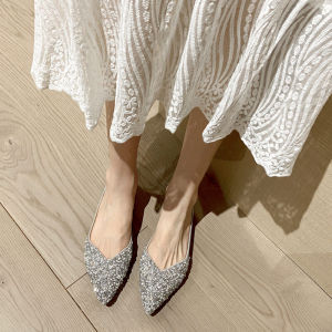 K-style Dignified Rhinestone Pearl Shoes Pointed Toe Flats Soft Bottom Bridesmaid Shoes Gentle Sweet Wedding Shoes Slim Looking Flat Shoes