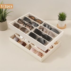 Versatile Gray Velvet Organizer Tray for Glasses Jewelry & Watches - 8-Compartment Stackable Display Storage Box Jewelry Tray