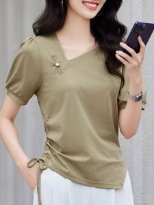 Summer New Womens Short Sleeve T-Shirt Regular Fit Korean Style Patchwork Decorative Drawstring Uneven Belly Covering Top