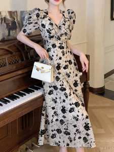 Hebe Style French High End Elegant Summer Vacation Black Floral Print Bubble Sleeve Womens Dress Vintage Retro V Neck High Waist a Line Skirt