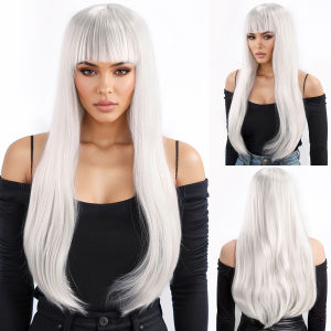 White straight bangs long straight hair chemical fiber wig female fashion Synthetic fiber wig
