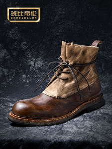 Bambadiron Martin Mens Boots with Fleece Lining Thick Sole Rubber Outsole Handsewn First Layer Cowhide Upper Velvet Boot