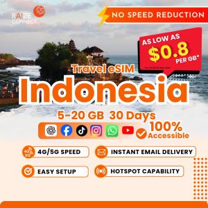 Indonesia eSIM | 5-20GB High Speed | 30 Days Data Plan | Raize Connect