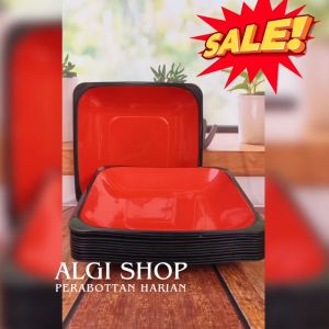 6 Piring kotak siku terlaris unik besar 23cm cekung hitam merah