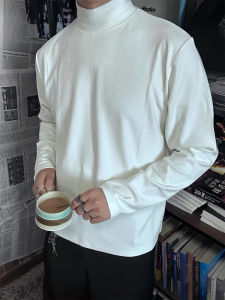 White American Style Velvet Half High Collar Mens Long Sleeve Base Shirt Cleanfit Inner Wear T-shirt for Autumn Winter