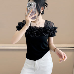 YIMEI New summer short sleeved square neck mesh top 2025 new versatile slimming black cotton T-shirt for women