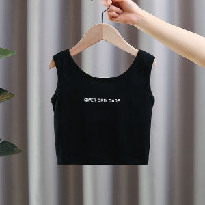 Girls Vest Top Summer Casual Style Short Sleeveless Irregular Shoulder Design Children Outerwear round Neck Pure Color