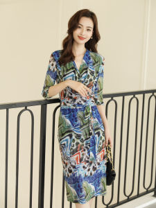 Colorful Oil Painting Stretch Mesh Elegant Pullover Lace-up Waist-Controlled Slimming Hip Wrap Dress