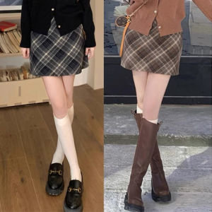 Plaid Sheath Skirt Woolen Skirt Womens Spring Fall and Winter American Retro High Waist A- line Slimming Khaki Plaid Skirt
