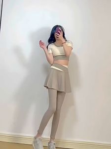 Fake 2-piece Yoga Anti-light Skirt Womens High Waist Sports Fitness Bottom Seamless Pants