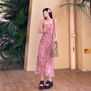 unifittoo | Floral Pink Strap Dress Stylish Waist-Slimming Long Dress
