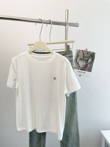 Limbo Home. Minimalist Embroider round Neck White Short-Sleeved T-shirt for Women Summer Loose All-Matching Slimming Casual Bottoming Shirt