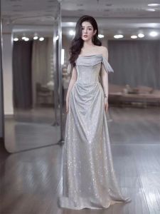 Elegant One-Shoulder Long Evening Gown Sparkling Sequins Wedding Morning Robe Hostess Womens Fashion Short Sleeve A-Line Skirt