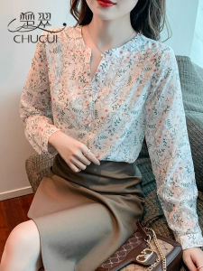 เสื้อเชิ้ตผ้าชีฟองแขนยาวหรูหราสำหรับผู้หญิง ฤดูใบไม้ร่วง 2025 ใหม่ แฟชั่นฝรั่งเศส ลดอายุ ดีไซน์เก๋ไก๋ สวยงาม ลายดอกไม้ เสื้อตัวบน