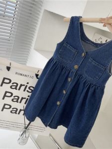 Spring Autumn New Style Girls Casual Fashionable Denim Dress Sleeveless Princess Skirt Korean Version Pure Color Cotton Blend