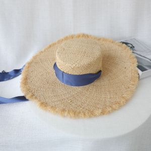 Elegant Large Brim Straw Hat Womens Summer French Style Sunshade Beach Holiday Ribbon Hat Stylish Gray Series for Ladies