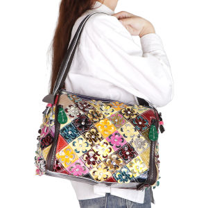 Royal Bagger Floral Crossbody Bags Large Capacity Color Stitching Plaid Handbag Genuine Leather Satchel Purse for Women 1793