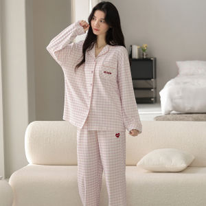 miiow | Pure Cotton Long Sleeve Long Pants Sleepwear Set For Women Autumn New Style Simple Home Clothes Suitable For Outdoor Wear