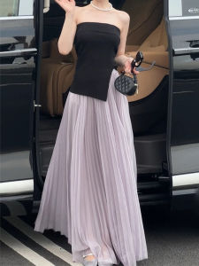 Retro Purple Instrumental Musician A-Line Skirt for Women High Waist Ruched Midi Dress with Golden Feeling Pattern