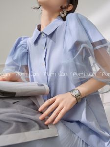 PlumJan | Áo Sơ Mi Mùa Hè Độc Đáo Phối Ren Bong Bóng Tay Ngắn
