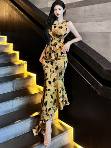 MUBEELE | Fashionable Printed Chinese Style Womens Set Summer New Slimming Top Fish Tail Half-length Skirt Two-piece Zipper Closure