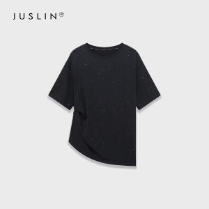 Juslin Sequins Starry Sky Lazy Profile Stylish Single Side Manual Crimping Loose round Neck T-shirt K0614