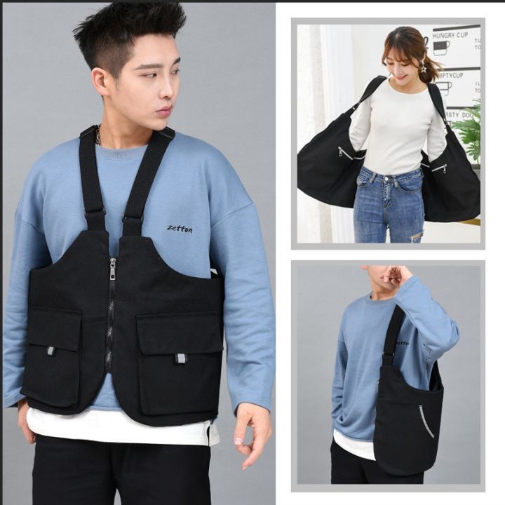 Street Style Single Shoulder Crossbody Workwear Hip Hop Vest Three-Way Bag Canvas Material Zipper Closure Pure Color
