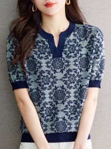 Silk Short Sleeve T-Shirt Women Summer Thin Mommy Style Loose Large Size Fashion Print Knitwear Silk Top Ice Silk